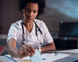 black nurse reviews paperwork at her desk
