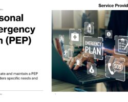 Personal Emergency Plan (PEP) “Hands typing on a laptop keyboard overlaid with floating emergency plan icons—clipboard with checklist, medical kit, fire extinguisher, SOS phone.”