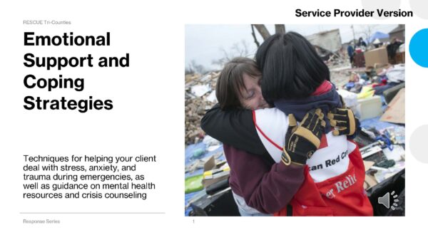 Emotional Support and Coping Strategies “A Red Cross relief worker in a red vest and gloves embraces a woman, with debris and volunteers visible in the background.”
