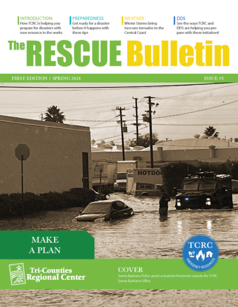 The English cover of The RESCUE Bulletin, First Edition, Spring 2024. The cover features a sepia-toned photo of a flooded street where a Santa Barbara police officer assists a stranded car, with the newsletter title and issue banner above.