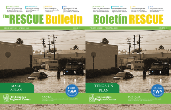 Split image displaying two identical sepia-toned flood scenes. On the left cover, the title reads ‘The RESCUE Bulletin First Edition | Spring 2024 Issue #1’ and a green banner states ‘Make a Plan.’ On the right cover, the title reads ‘Boletín RESCUE Primera Edición | Primavera 2024 Número #1’ and a green banner states ‘Tenga Un Plan.’ Both show the Tri-Counties Regional Center logo and a blue TCRC Emergency Resources/Recursos de Emergencia emblem at the bottom.