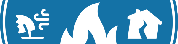 TCRC circular light blue logo with white text. "TCRC" centered above, in the middle, is a large flame icon with a tree blowing in the wind to the left, and a leaning house with a crack on the right. On the bottom are the words "Emergency Resources"