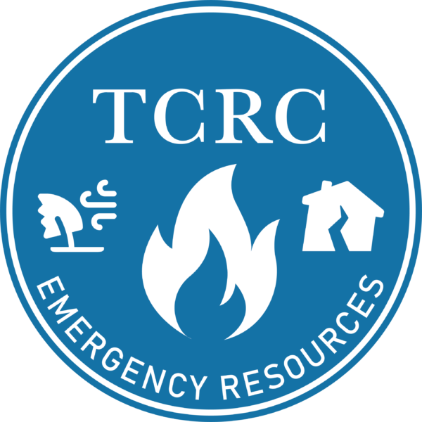 TCRC circular light blue logo with white text. "TCRC" centered above, in the middle, is a large flame icon with a tree blowing in the wind to the left, and a leaning house with a crack on the right. On the bottom are the words "Emergency Resources"