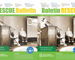 “A split image showing two sepia‐toned summit covers: on the left, ‘The RESCUE Bulletin First Edition | Fall 2024’ with ‘Building Resilience’; on the right, ‘Boletín RESCUE Primera Edición | Otoño 2024’ with ‘Desarrollar Resiliencia.’ Both depict a panel speaking at the Ventura County Government Disability Summit, with the Tri-Counties Regional Center logo and TCRC Emergency Resources emblem below.