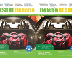Split image showing two identical AI-generated scenes of a red go-kit bag in a car trunk and approaching wildfire flames. On the left, the title reads ‘The RESCUE Bulletin Second Edition | Spring 2025 Issue #2’ with a green banner that says ‘Preparedness Matters.’ On the right, the title reads ‘Boletín RESCUE Segunda Edición | Primavera 2025 Edición #2’ with a green banner that says ‘La preparación importa.’ Both covers display the Tri-Counties Regional Center logo and a blue TCRC Emergency Resources/Recursos de Emergencia emblem.
