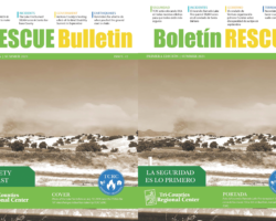 A split image showing two near-identical sepia wildfire‐scene covers: on the left, ‘The RESCUE Bulletin First Edition | Summer 2024’ with the tagline ‘Safety First’; on the right, ‘Boletín RESCUE Primera Edición | Summer 2024’ with ‘La seguridad es lo primero.’ Both feature rolling hills, a plume of fire smoke, the Tri-Counties Regional Center logo, and the TCRC Emergency Resources emblem.