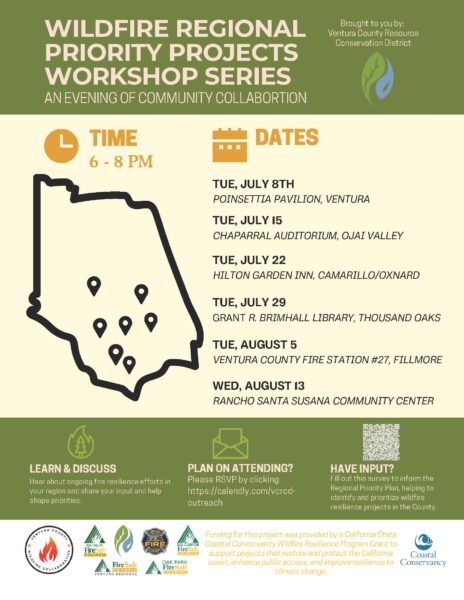 A flyer listing a series of dates for the Wildfire Regional Priority Projects Workshops in Ventura County