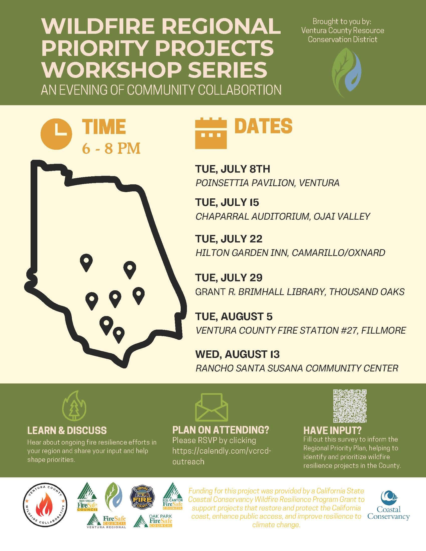 A flyer listing a series of dates for the Wildfire Regional Priority Projects Workshops in Ventura County