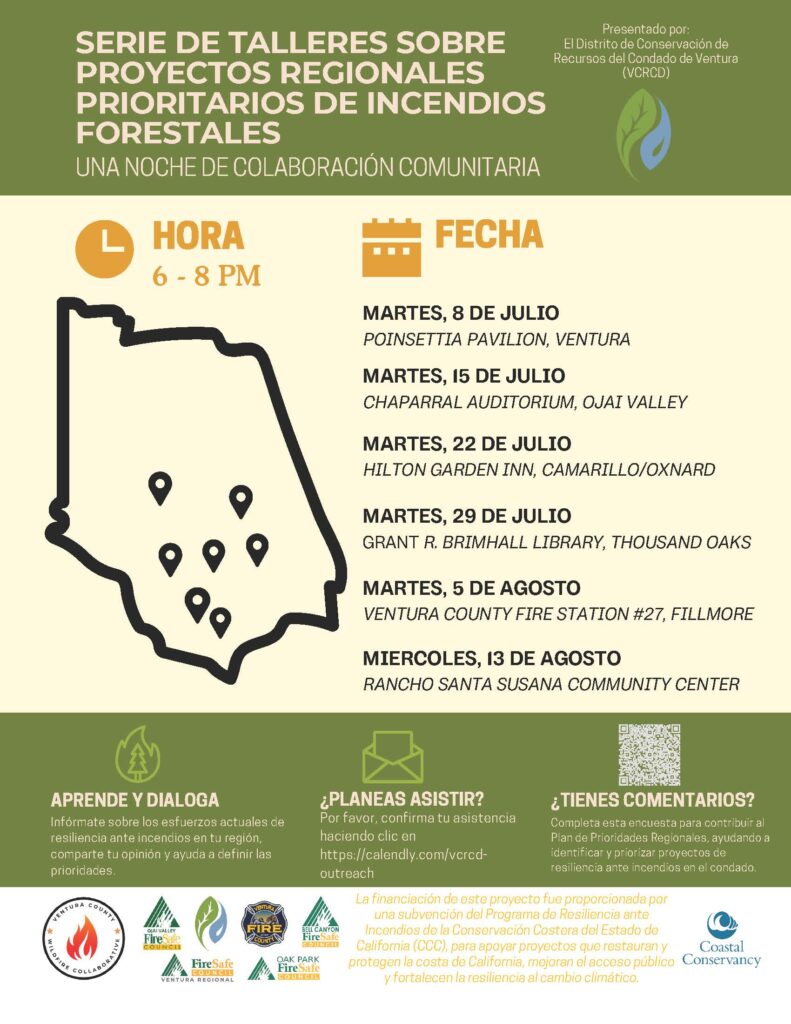 A Spanish flyer listing a series of dates for the Wildfire Regional Priority Projects Workshops in Ventura County