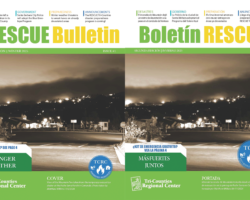 Split image showing two identical sepia-toned photos of a suburban street under the Mountain Fire at night. On the left cover, the title reads ‘The RESCUE Bulletin Second Edition | Winter 2025 Issue #1’ and a white callout box states ‘Free Go-Kit? See Page 4,’ with a green banner at the bottom reading ‘Stronger Together.’ On the right cover, the title reads ‘Boletín RESCUE Segunda Edición | Invierno 2025 Edición #1’ and a white callout box states ‘¿Kit de Emergencia Gratuito? Vea la Página 4,’ with a green banner reading ‘Más Fuertes Juntos.’ Both display the Tri-Counties Regional Center logo and the blue TCRC Emergency Resources/Recursos de Emergencia emblem.